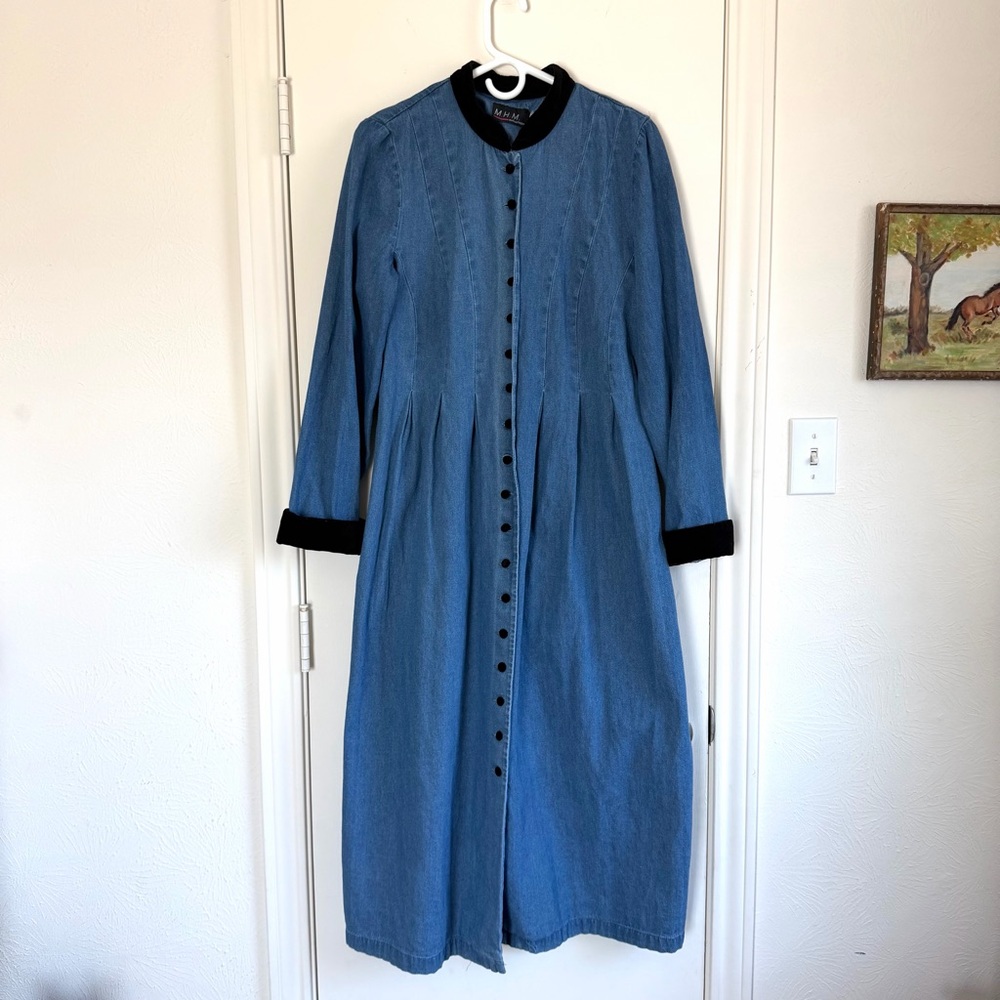 90s Vintage MHM Melissa Harper Modest Prairie Smocked Denim Maxi Dress Size 10
